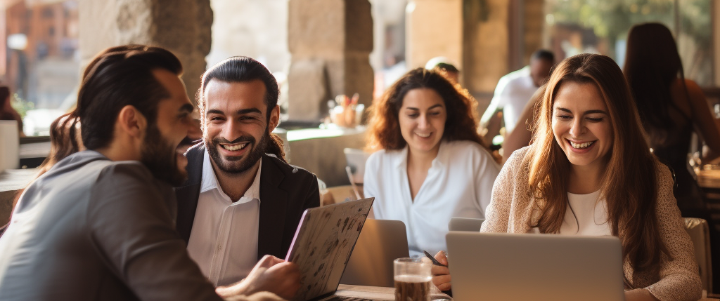 people sitting in a café working on their training as part of the bloom digital transformation program